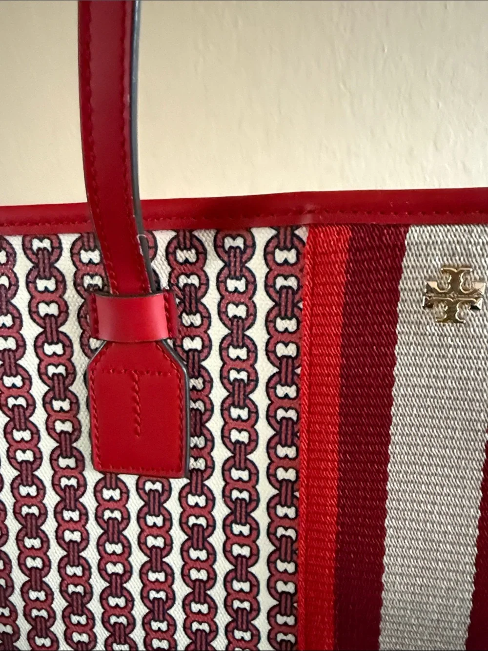 Tory Burch Gemini Link Canvas Tote Bag Red White Striped Like New